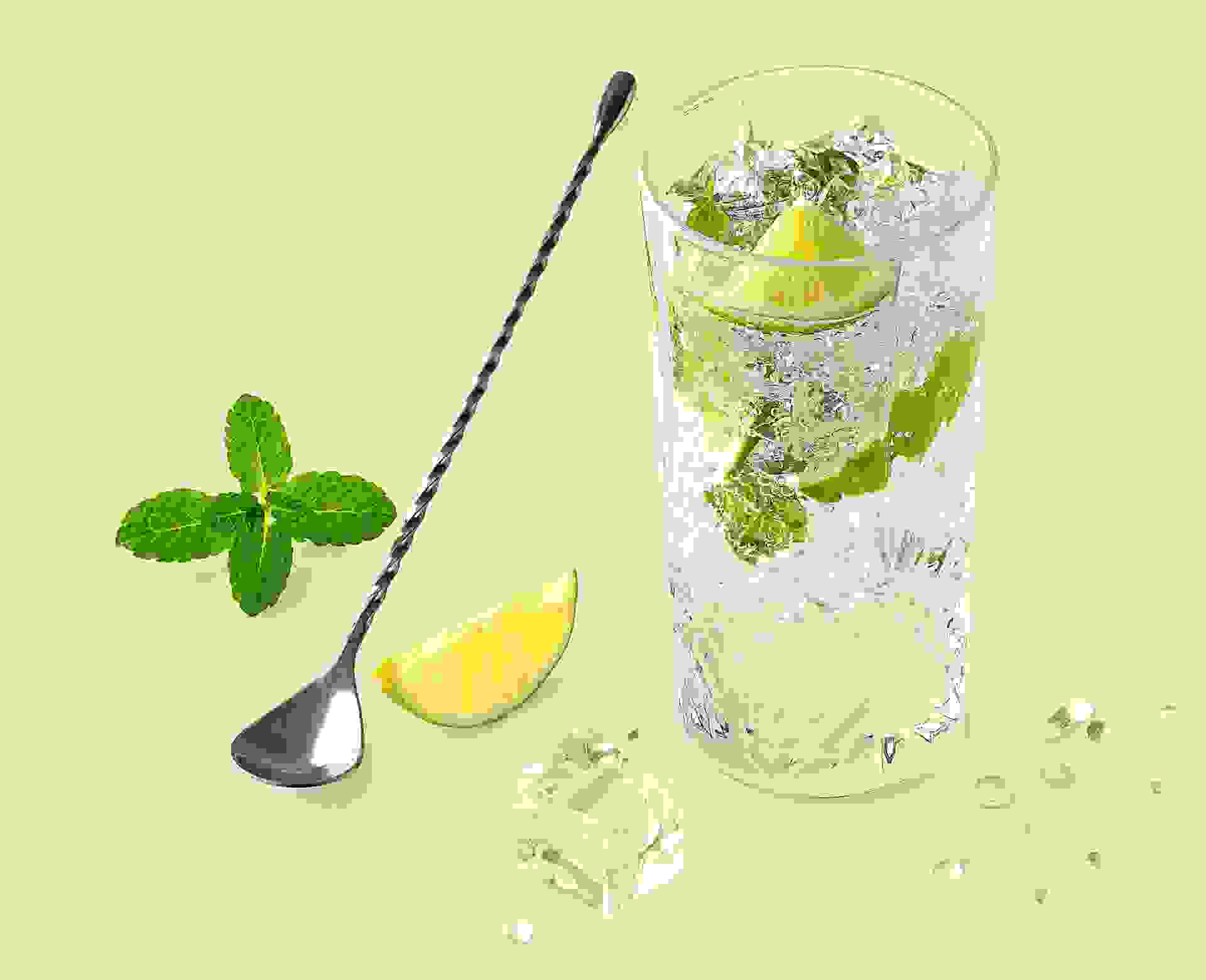 Cocktail Gin Mojito réalisé avec le sirop Mojito, Citron / Citron Vert Teisseire, servi dans un verre.